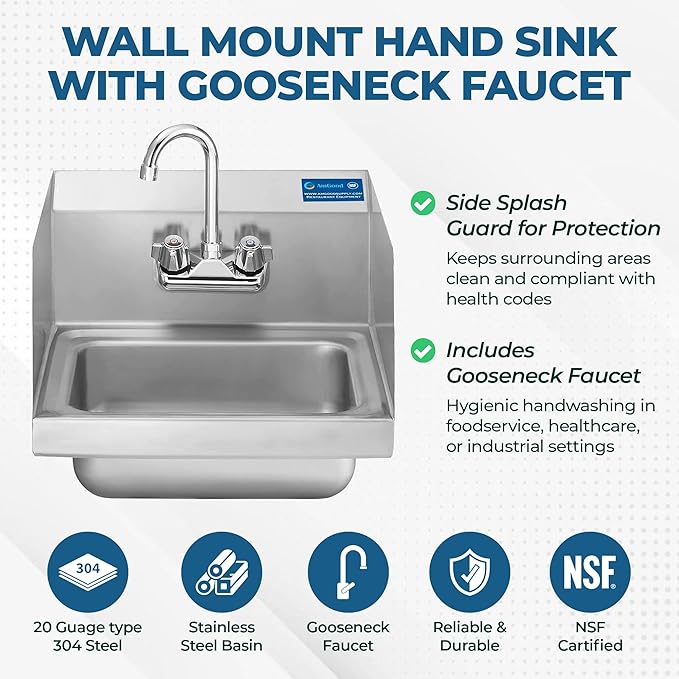 15" x 17" Stainless Steel Wall Mount Hand Sink with Gooseneck Faucet & Side Splash – NSF Certified Commercial Handwashing Basin