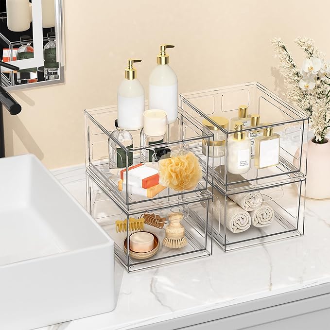 2 Pack Stackable Plastic Makeup Organizer Drawers, Acrylic Organizers, Clear Storage Bins with Pull-Out Handles for Vanity, Kitchen Cabinets, Pantry