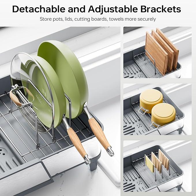Large Dish Drying Rack - Triple Expandable Dish Rack for Kitchen Counter, Stainless Steel Sink Organization and Storage Essentials with Utensil & Pans Holder for Home and Appartment, Gray