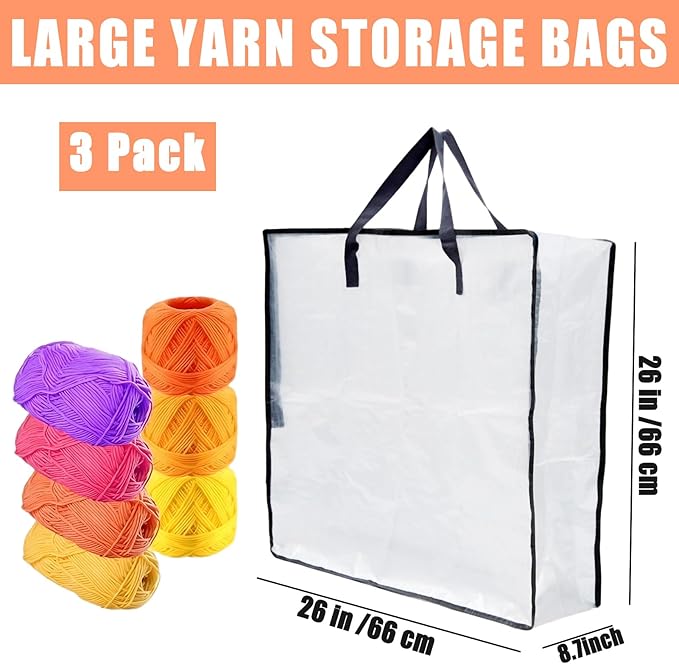 XL Yarn Storage Organizer 3 Bags, Oversized Yarn Organizer Moving Bag with Handle & Zipper, Closet/Under-Bed Storage Solutions for Knitting, Crochetfor, Sweater & Blanket Packing (26x26x8.7“, 3 Pcs)