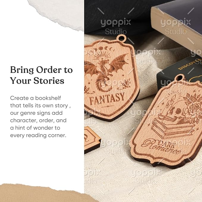 YOPPIX Book Nook Tavern Signs - Medieval Shelf Decor with Hanging Brackets, Book Genre Dividers for Home Library, Bookshelf Organization and Reading Corner Decorations