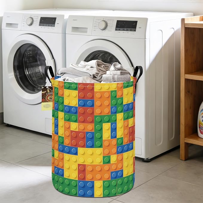 HUNRUNG Laundry Hamper,Large Canvas Fabric Lightweight Storage Basket Toy Organizer Dirty Clothes Collapsible Waterproof for College Dorms（Round-Colorful Blocks）