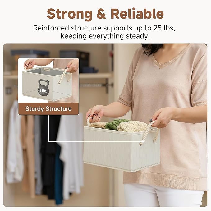 StorageWorks Fabric Storage Bins for Shelves, Storage Baskets for Closet Organization, Organizer Bins for Clothes Storage, Beige, White & Ivory, 3-Pack, Small
