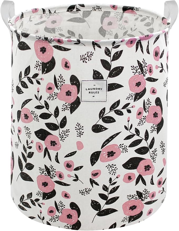Mziart Cute Laundry Basket, Large Floral Laundry Hamper for Girls Kids Toys Collapsible Clothes Organizer Waterproof Foldable Baby Hamper for Nursery Dorm Fabric Storage Basket Bin with Handles (Pink)