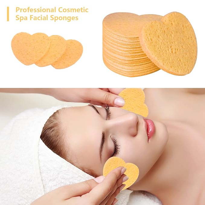 100-Count Compressed Facial Sponges for Estheticians Heart Shape Natural Cellulose Sponge Cosmetic Spa Sponges for Face Cleansing, Massage, Pore Exfoliating, Mask, Makeup Removal, Deep Yellow