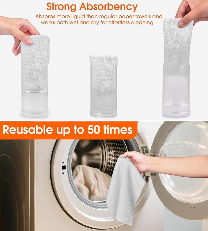 CHAUNCEY HOME Microfiber Cleaning Cloth Roll - 100 Pack Tear Away Microfiber Paper Towels, Reusable, Washable, Scratch-Free, Kitchen Towels for Car, Home, Kitchen, Glass, Dishes (Light Grey)