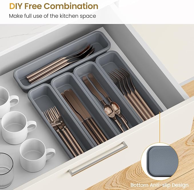 5 Pack Silicone Drawer Organizer for Kitchen, DIY Free Combination Silverware Organizer, Utensil Drawer Organizer, Moisture-proof and Heat-resistant up to 200°C, Anti-slip Design (Grey)