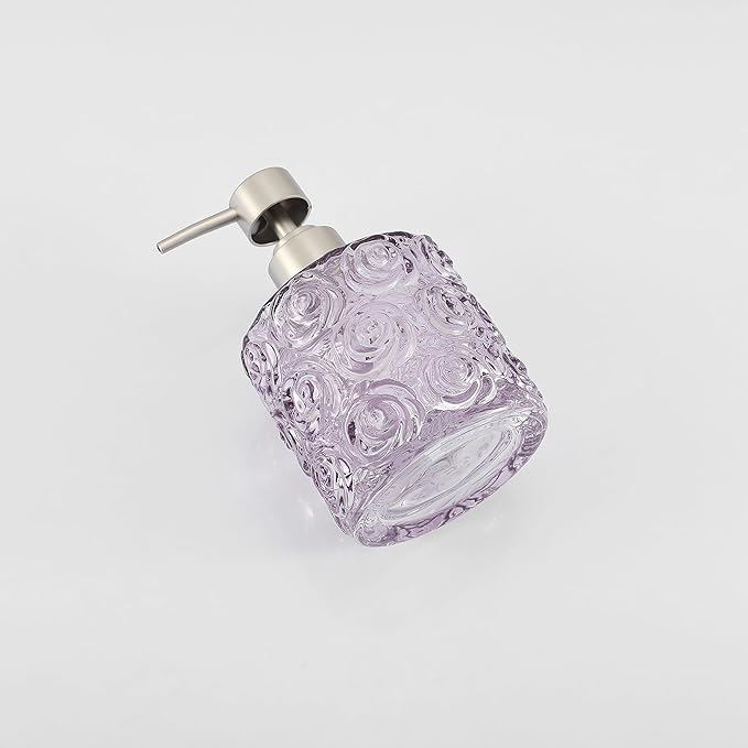 Marcella Glass Soap Dispenser with Soap Pump, Refillable 14 Ounce Capacity, Floral Design Rose Patterns, Heavy Weight Thick Glass for Bathroom, Premium Kitchen Soap Dispenser (Lavender Frost)