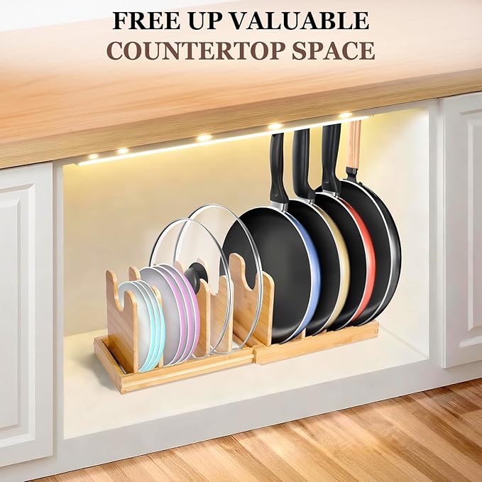 Bamboo Pot Lid Organizer, Pots and Pans Organizer Inside Cabinet, Pot Lids holder for Kitchen Countertop