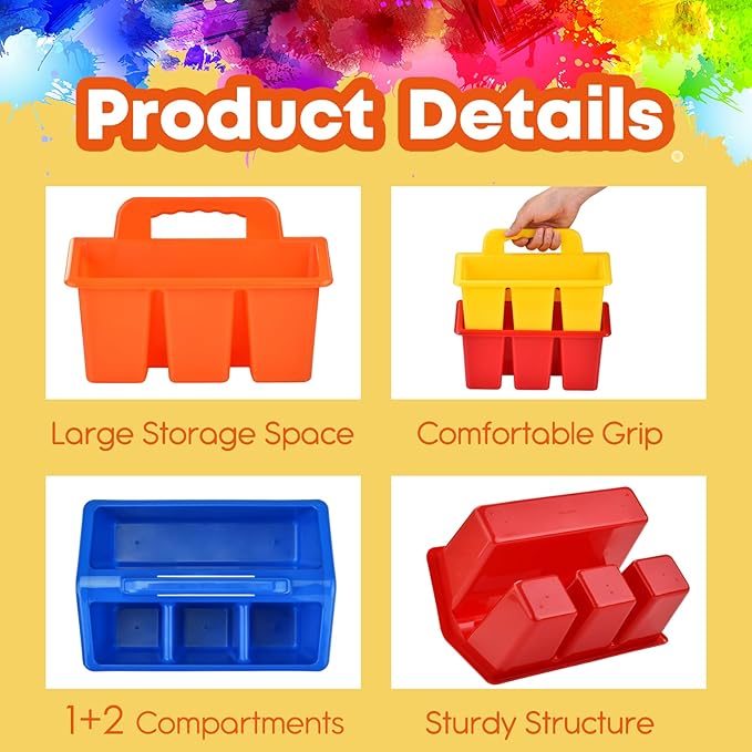 ALINK Classroom Caddy Storage Basket with Handle, 6 Pack Plastic Arts Office Crafts Caddy 4 Compartments for Kids, Pencil, Crayon, Marker, School Supplies, 6 Colors