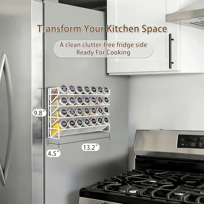 Magnetic Spice Rack Organizer for Refrigerator with 28 Spice Jars, 386 Spice Labels, 4 Hook, Chalk Marker and Funnel Set, Magnetic Shelf for Seasoning Organizer, 13.2'' W x 9.8 H, White