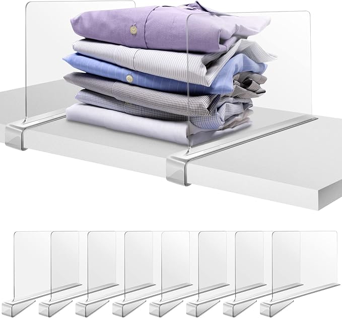 8 Pack Acrylic Shelf Dividers for Closet Organization, Clear Shelf Divider Fits Shelves of 0.4-1 Inch,Purse Organizer for Closet, Shelf Organizer, Closet Organizers and Storage (8)