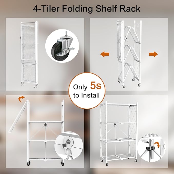 4 Tier Foldable Metal Storage Shelf with Wheels, 400 LBS Heavy Duty Collapsible Wire Shelving Unit, Rolling Utility Rack Cube Bookshelf for Kitchen Pantry Office Garage, 50" x 13" x 27" White