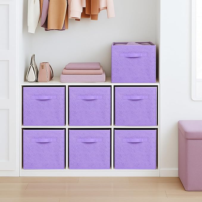 ShellKingdom Storage Bins, Foldable Fabric Storage Cubes with 3D Embossed Rose Pattern, Cloth Organizer Drawer For Closet And Toys, 10.5 X 10.5 X 11 inch, 2 Pack (Lavender)