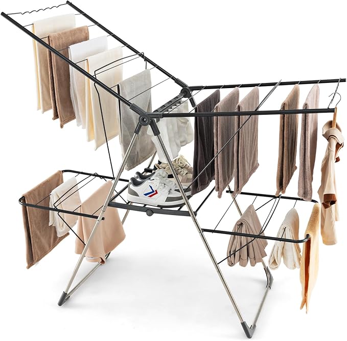 Tangkula Laundry Drying Rack, Foldable Clothes Drying Rack with Height Adjustable Wings, 33 Drying Rails & Sock Clips, Freestanding Gullwing Garment Stand for Indoor & Outdoor Use (Sliver+Grey)