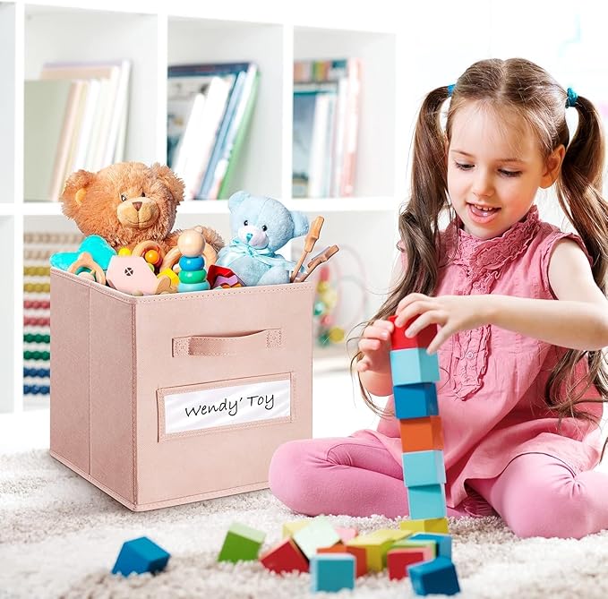 artsdi 13x13x13 storage cube bins(Set of 10) Fabric storage cubes with 10 Labels Window Cards & a Pen, storage cubes 13x13, Collapsible 13 inch cube storage bins, Cubby Organizer Boxes, Pink