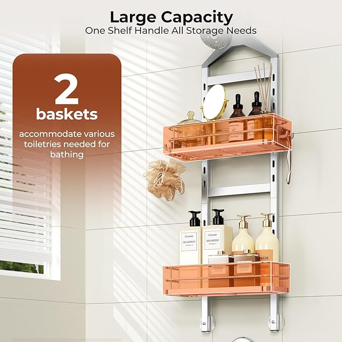 Orimade Aluminum Hanging Shower Caddy Over Head, Adjustable Bathroom Shelf with Hooks, Anti-Slip Rustproof Organizer Storage Rack Basket, Silver, 2 Tier