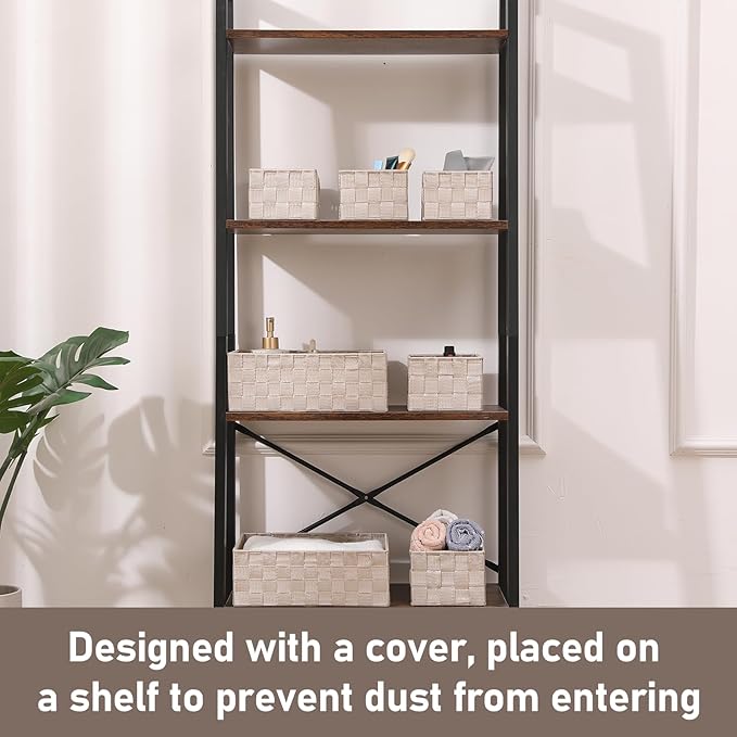 Storage Bins Woven Organizer Set of 7 – Polypropylene Storage Baskets with Metal Frame, Stackable Fabric Boxes for Drawers, Closet, Shelf, Nursery and Office, Beige