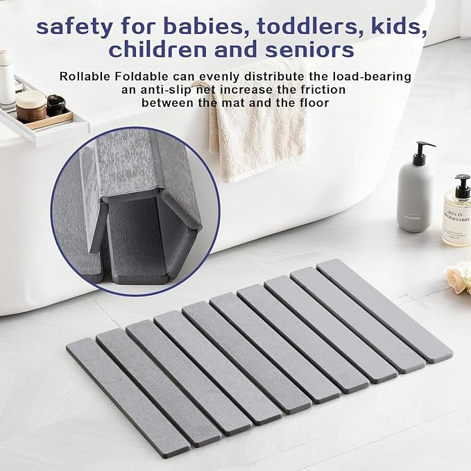 ODE TO ORDER 23.6 Inch Super Absorbent Diatomaceous Earth Mat for Bathroom, Light Grey Easy Clean Rollable Foldable Stone Bath Mat, Non-Slip Quick Dry Shower Mat for Kitchen,Outdoor Use