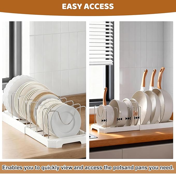 Expandable Pot Rack Organizer, 10 Adjustable Compartments, Pot and Pan Organizer Rack for Cabinet with Cup Brush Dividers, 13 -22" Wide Adjustable Pan Organizer - Pantry Countertop Storage (White)