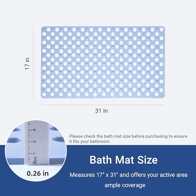 BREELEAM Non Slip Bathtub Mat and Shower Mat 31x17 inch,Bath Mat with Quick Dry Drain Holes and Suction Cups, Soft Comfortable Safe Bathroom Mat for Bath Tub, Floor, Tile (Light Blue)