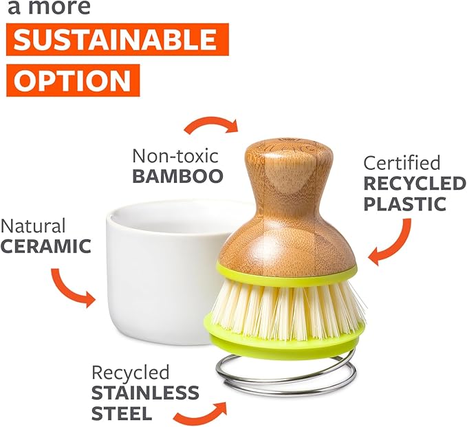 Full Circle Bubble Up Bamboo Dish Brush & Ceramic Soap Dispenser – Family Safe, Formaldehyde-Free – Kitchen Scrub Brush for Dishes, Nonstick & Cast Iron, White