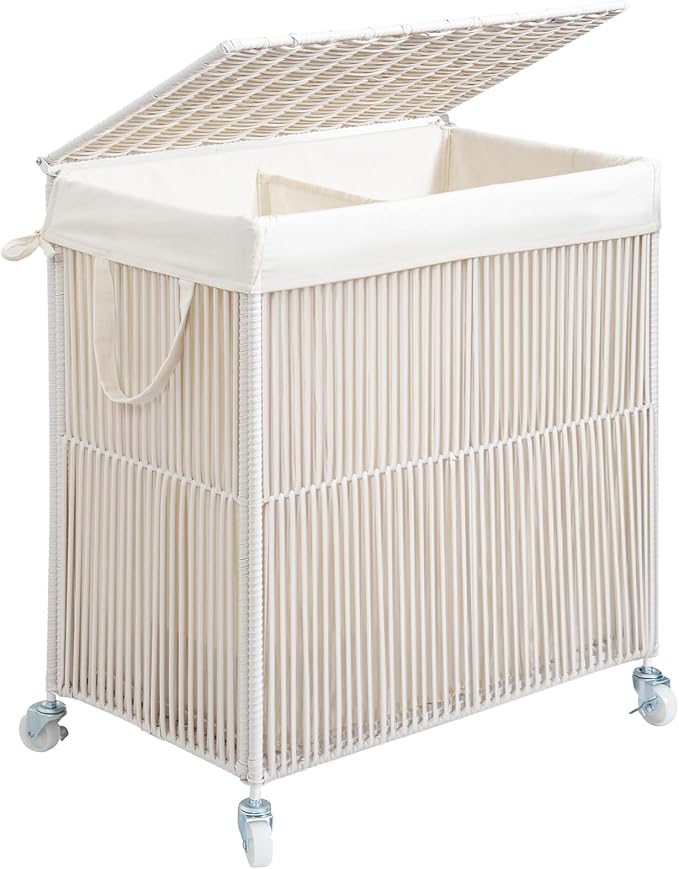 WOWLIVE Laundry Hamper with Wheels, Handwoven Rolling Laundry Basket with Lid, Clothes Hamper with Divided Removable Liner Bag, 115L Large Laundry Sorter Laundry Room Organization, Creamy White