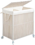 WOWLIVE Laundry Hamper with Wheels, Handwoven Rolling Laundry Basket with Lid, Clothes Hamper with Divided Removable Liner Bag, 115L Large Laundry Sorter Laundry Room Organization, Creamy White