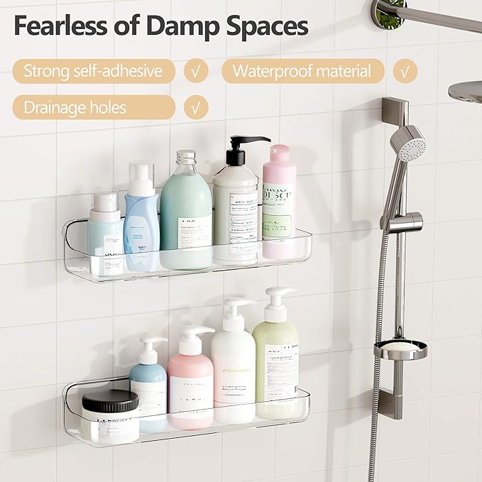 UDD Acrylic Clear Shower Caddy Adhesive Shelf, 2pc Plastic Shower Organizer with Self Adhesive Tape, No Drilling Wall Mount Shower Shelves for Bathroom Kitchen, Transparent