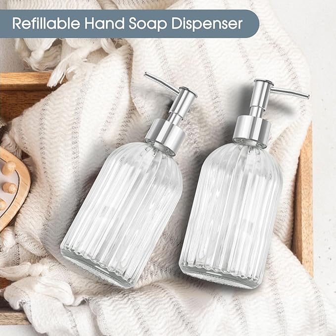 2 Pack Stripe Glass Soap Dispenser with Silver Plastic Pump, 400ml Liquid Hand Soap Dispenser, Rustproof Pump for Kitchen & Bathroom, Great for Lotions, Essential Oil, Liquid Soaps- (Transparent)