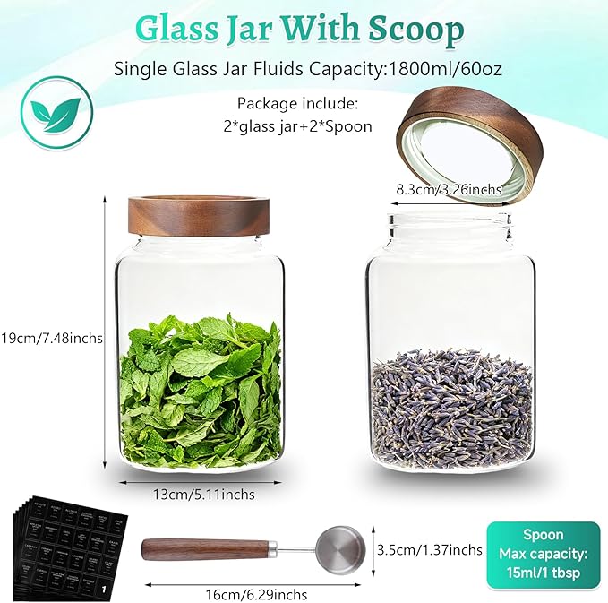 Patoper Glass Coffee Jars Spice Jar Round Storage Canister with Wooden Lid Clear Glass Food Jar for Pantry Sugar Tea Coffee Bean Spice Nuts Cookies Bath Salts (1800ml/60oz-2PACK（with spoon)
