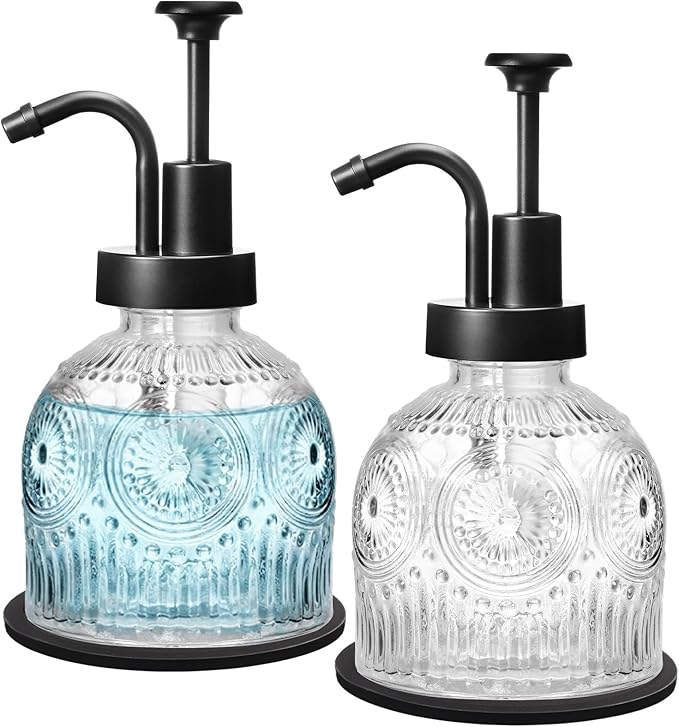 SheeChung Vintage Soap Dispenser, Kitchen Dish Soap Dispensers with Pump Mat, Glass Hand Soap Dispenser for Bathroom, Liquid, Lotion, Refillable, Rustic Farmhouse Decor-Clear (Black Pump, 2 pk)
