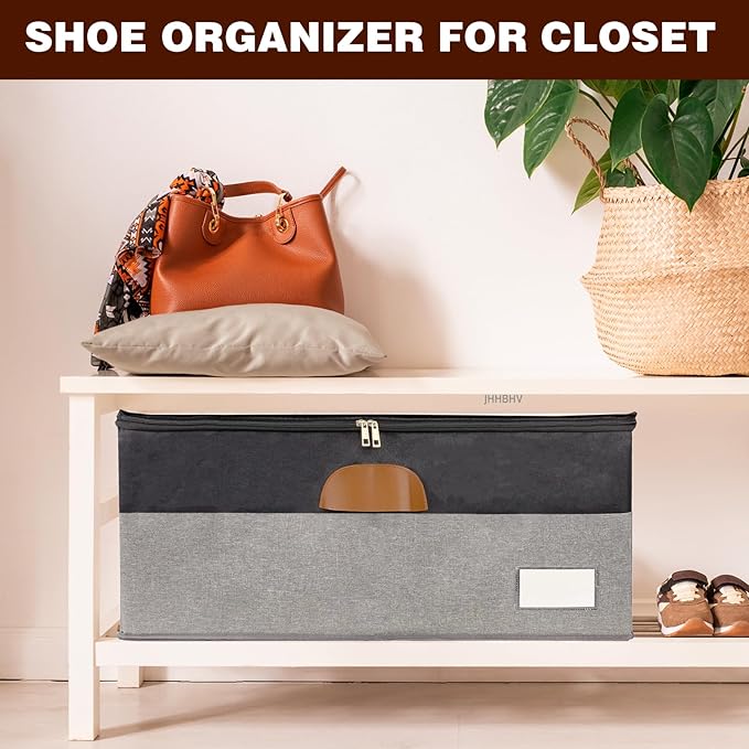 1 Pack Shoe Organizer for Closet, Adjustable Shoe Box Storage Containers, Large Foldable Shoe Bins with Clear Cover, Space Saving Shoes Holder with 4 Handles, Fits 12-24 Pairs, Black