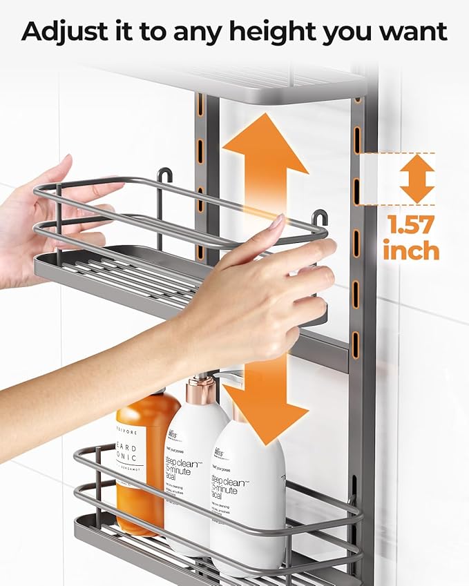 ODesign 4 Tier Height-Adjustable Shower Caddy Hanging Anti-Swing-Over The Shower Head Caddy-Showers Storage Organizer Bathroom Shelves Basket Showers Caddies-Grey