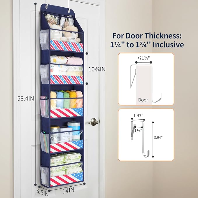 Yecaye 6 Tier Over the Door Organizer, Swing-proof Door Organizer Hanging with Clear PVC Windows, Behind the Door Storage for Bedroom Nursery Closet Laundry Pantry Bathroom, Navy Blue