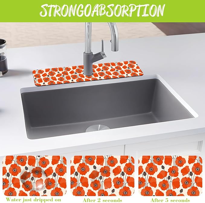 Sink Faucet Absorbing Mat Poppy Flowers Sink Splash Guard Drying Mat for Kitchen Bathroom Faucet Sinkmat 23.5"X5.5"