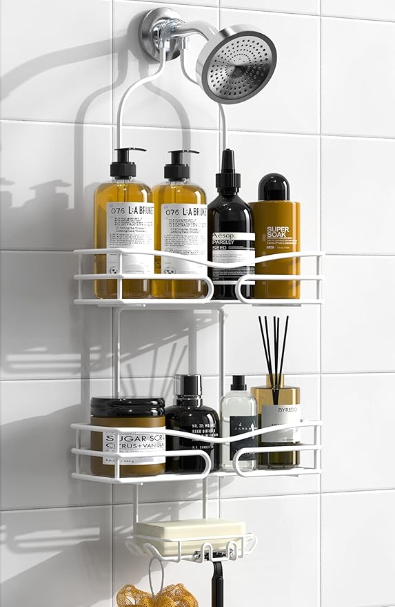 Over Head Shower Caddy - Bathroom Shower Organizer with Soap Holder & 6 Hooks for Towels, White, 76L Capacity, Hanging Mount, Rust Resistant