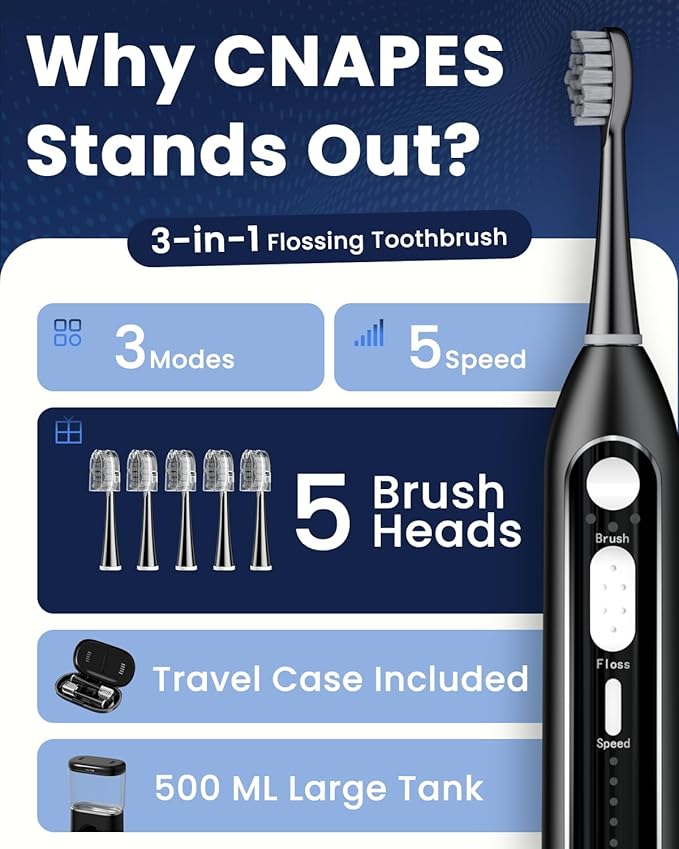 Electric Toothbrush with Water Flosser Combo in One - Sonic Flossing Toothbrushes for Teeth Cleaning, Rechargeable,Portable Cordless Water Flosser for Adults, 17oz Large Tank, 3 Modes & 5 Brush Heads