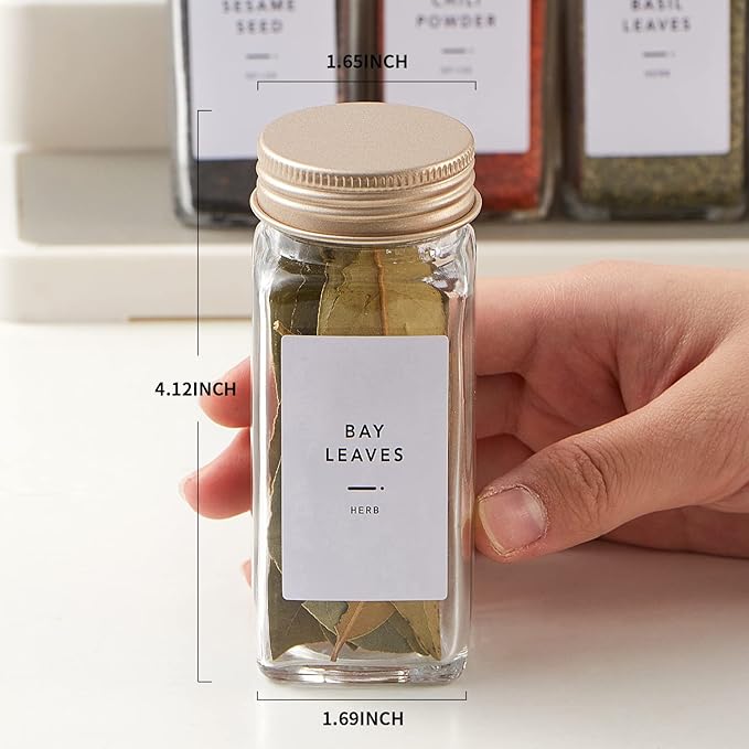 25 Pcs Spice Jars with Label- Glass Spice Jars with Gold Metal Caps,Shaker Lids, Funnel, Chalk Pen, Brush,Cleaning Cloth,Skiileor 4oz Seasoning Containers Bottles for Spice Rack, Cabinet, Drawer