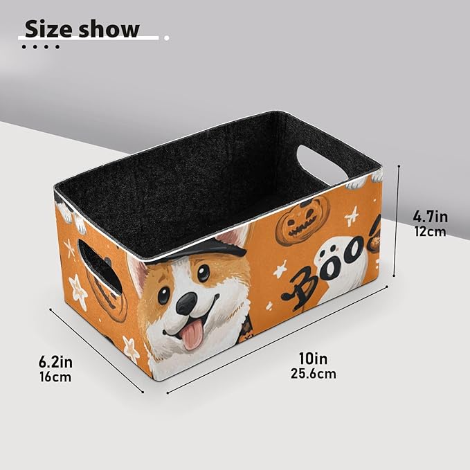 Grey Corgis Autumn Leaves Cake Closet Storage Bins 2 Pcs Felt Open Home Storage Containers Organizer with Handles Collapsible Shelf Basket for Home Office Craft Room Classroom Fabric