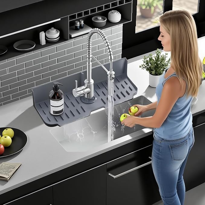 Sink Splash Guard Behind Faucet, Silicone Sink Faucet Drying Mat & Dish Soap Sponge Holder, 17" x 5.5" Silicone Kitchen Sink Auto Drain Organizer (Grey)