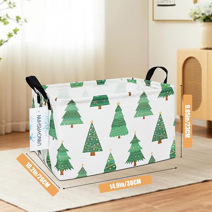 LANGYASHAN Rectangular Storage Bin Collapse Canvas Fabric Cartoon Storage Basket with Handles for Organizing Home Kitchen Boys and Girls Toys Office Closet Shelf Baskets (Rec christmas tree)