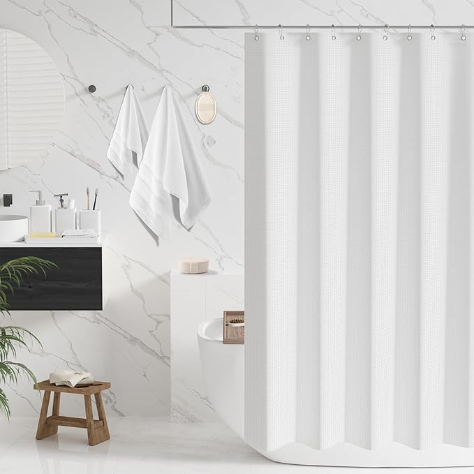 Resin White Bathroom Set, White Bathroom Accessories Set with Shower Curtain, Bath Towel Set, Natural Loofah Sponge, Soap Dispenser, Toothbrush Holder, Bathroom Tumbler and Tray for Bathroom