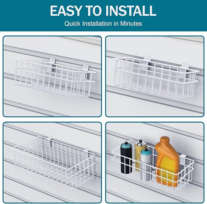 4 Pack Large Slatwall Baskets Set, Ventilated Metal Hanging Storage Slat Wall Basket, Mounted Slatwall Accessories for Garage Storage Organizing Display on Slatwall Panels bins (White)