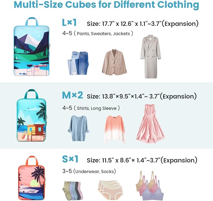 Cambond See Through Mesh Compression Packing Cubes for Travel Women - 4 Set Compression Cubes for Travel, Lightweight Expandable Packing Organizers for Luggage Suitcases, Tourist Landscape