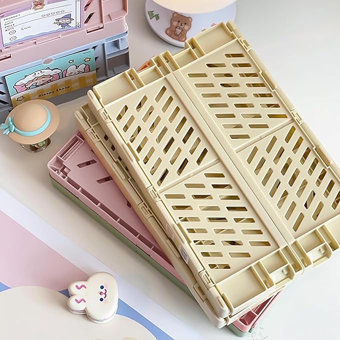 Small Pastel Plastic Storage Bins 2Pcs Foldable Pastel Crates Plastic Basket Colorful Storage Containers Baskets for Classroom Kitchen Office Bedroom Desktop Home Decor (Blue 9.8" x 6.5" x 3.8")