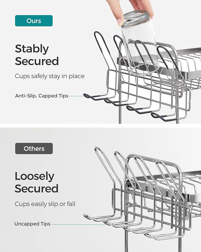 SONGMICS Dish Drying Rack - 2 Tier Dish Rack for Kitchen Counter with Rotatable and Extendable Drain Spout, Dish Drainer with Utensil, Cup, Glass, Cutting Board Holders, Black UKCS032B01