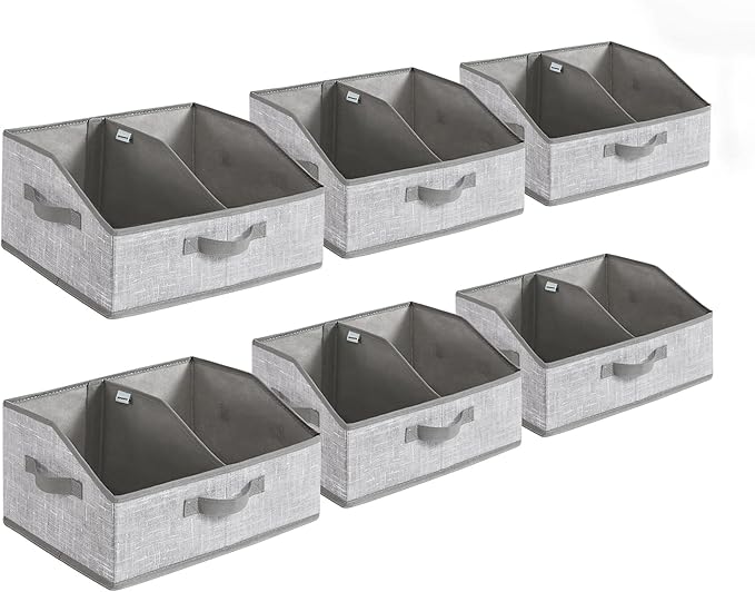 SONGMICS Set of 6 Storage Baskets, Foldable Storage Bins with Removable Dividers, Fabric Boxes, 15.7 x 11.8 x 7.9 Inches, Closet Organizers, 3 Handles, for Living Room, Cattail Gray URFB0140G01