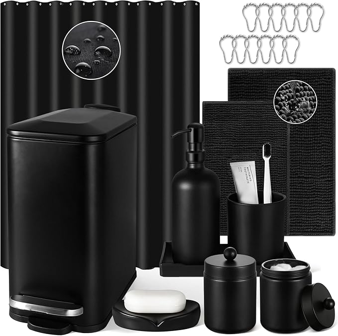 Bathroom Sets with Shower Curtain and Rugs, 22 Pcs Black Bathroom Accessories with Trash Can, Waterproof Shower Curtain, Bathroom Rugs Super Absorbent, Modern Bathroom Sets Complete Decor