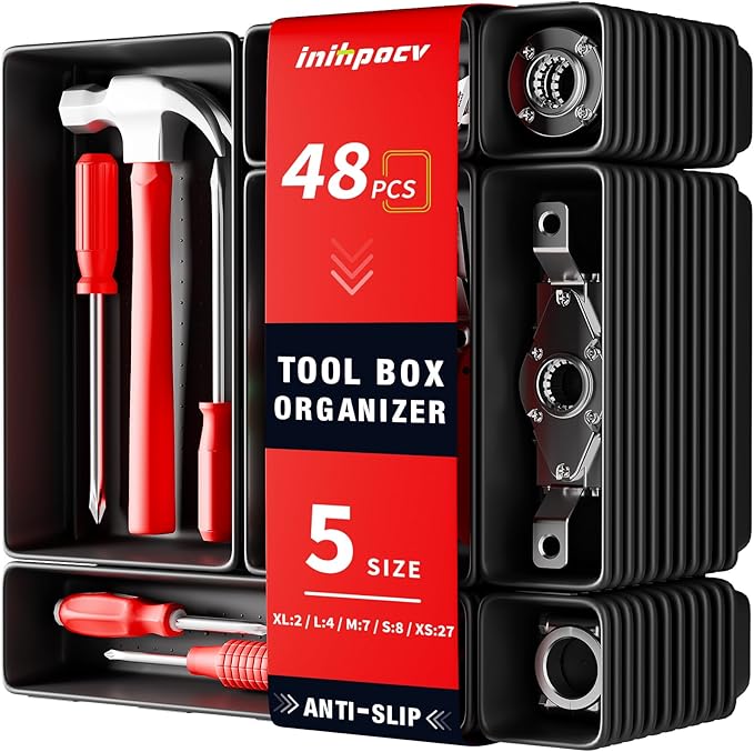 【48PCS & 5 Sizes】Tool Box Organizer Tray, Toolbox Drawer Organizer with Non-Slip Pads, Desk Drawer Divider Set, Fits Rolling Tool Chest Cabinet for Garage & Workbench